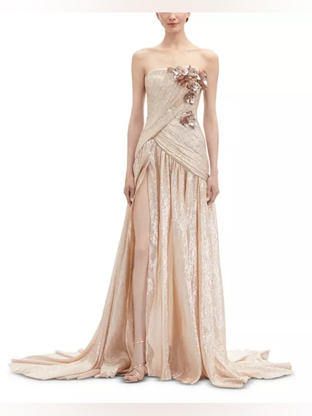 Oscar de la Renta Strapless Satin Orchid Embroidered Lame Mousseline Gown